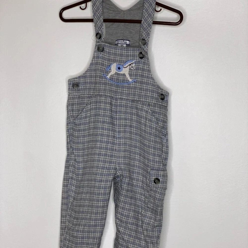 Hartstrings baby boys gray blue herringbone rocking horse overalls Sz 18m